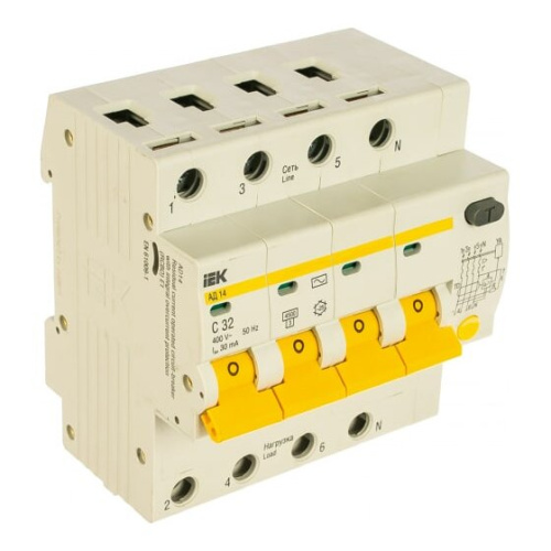 Выключатель IEK MAD10-4-032-C-030 автом. дифф. тока АД14 32A тип C 4.5kA 30мА AC 4П 400В 5мод белый (упак. 1шт)