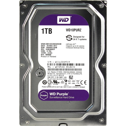 HDD Western Digital WD Purple (WD10PURZ) 3.5" 1.0TB IntelliPower Sata3 64MB 24/7, для систем наблюдения (до 64 камер), AllFrame уменьшает потери кадро