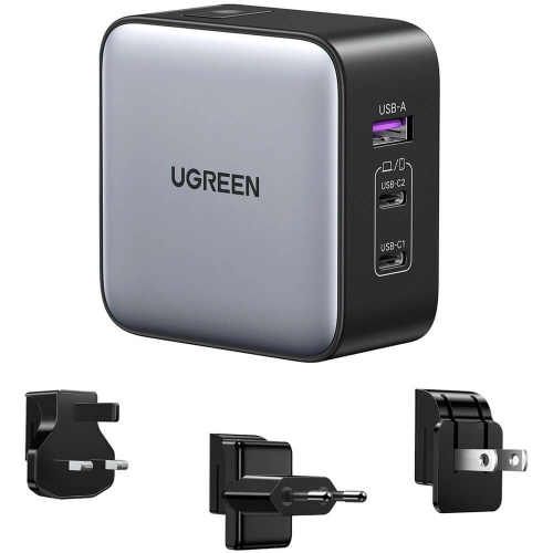Зарядное устройство UGREEN CD296 (90409) USB-A+2*USB-C GaN 65W Fast Charger with Interchangeable Plugs Space Gray