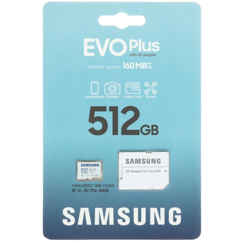Карта памяти Samsung Evo Plus MB-MC512SA/KR microSDXC 512GB Class 10, A2, V30, UHS-I (U3), W 90 МБ/с, R 160 МБ/с, адаптер на SD