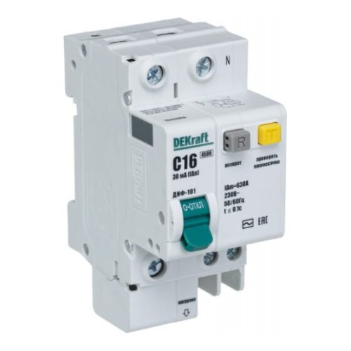 Выключатель автоматический дифференциального тока DEKraft 15157DEK со встроенной защитой 1п+N 16А 30мА AC C Выключатель автоматический дифференциального тока DEKraft 15157DEK со встроенной защитой 1п+N 16А 30мА AC C