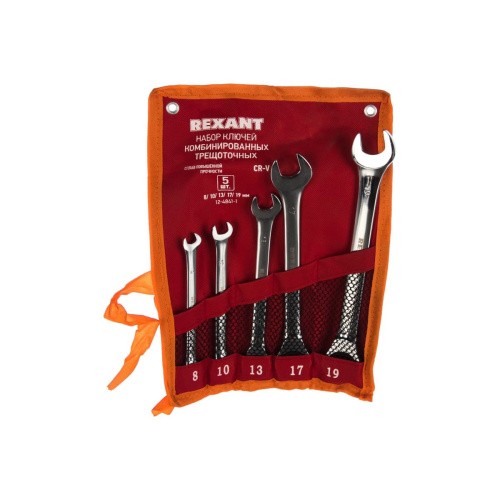 Набор ключей комбинированных REXANT 12-4841-1 трещоточных (8, 10, 13, 17, 19мм), 5шт, CrV, зеркальное хромирование