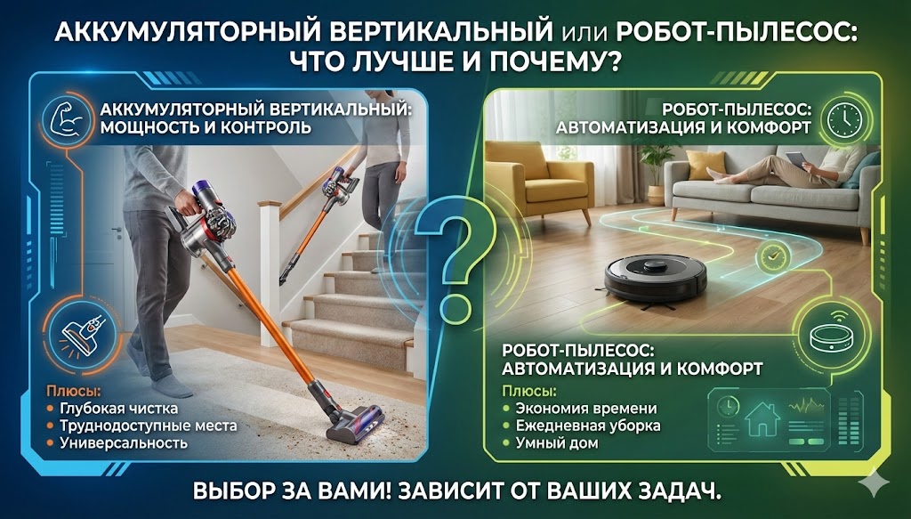 Аккумуляторный вертикальный или робот-пылесос — что лучше и почему Аккумуляторный вертикальный или робот-пылесос — что лучше и почему