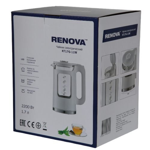 Электрочайник RENOVA KT17G-11W термостойко стекло
