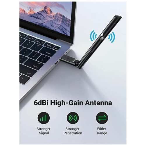 Сетевой адаптер UGREEN CM496 90339 AC650 High-Gain Dual Band Wireless USB Adapter Black
