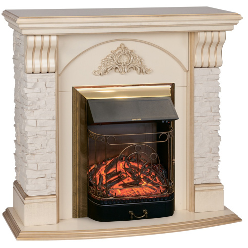 Электрокамин RealFlame Athena WT белый дуб с золотой патиной с очагом Majestic Lux Brass