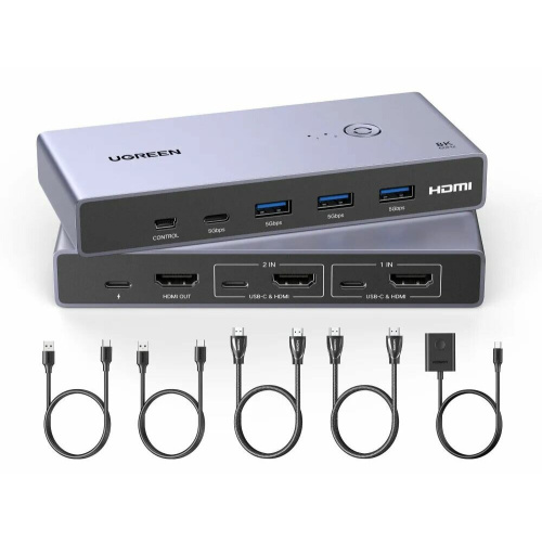 Переключатель UGREEN CM692 (25961) 8K@60Hz HDMI 2.1 KVM Switch 2-in-1 Out With Desktop Controller Gray
