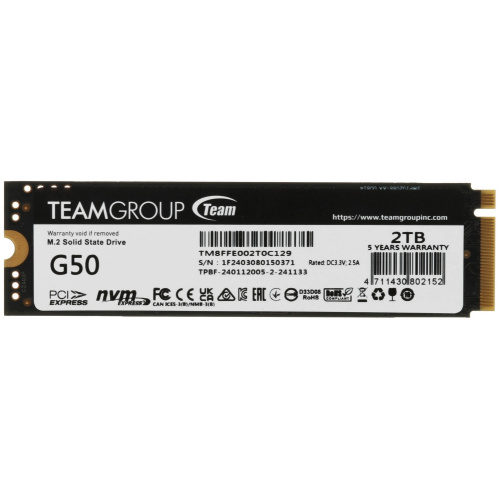 SSD TEAMGROUP T-Force G50 2TB (TM8FFE002T0C129) M.2/ PCIe Gen4.0 x4, NVMe, M.2 Type 2280, TLC, dramless, 5000/4800 MB/s
